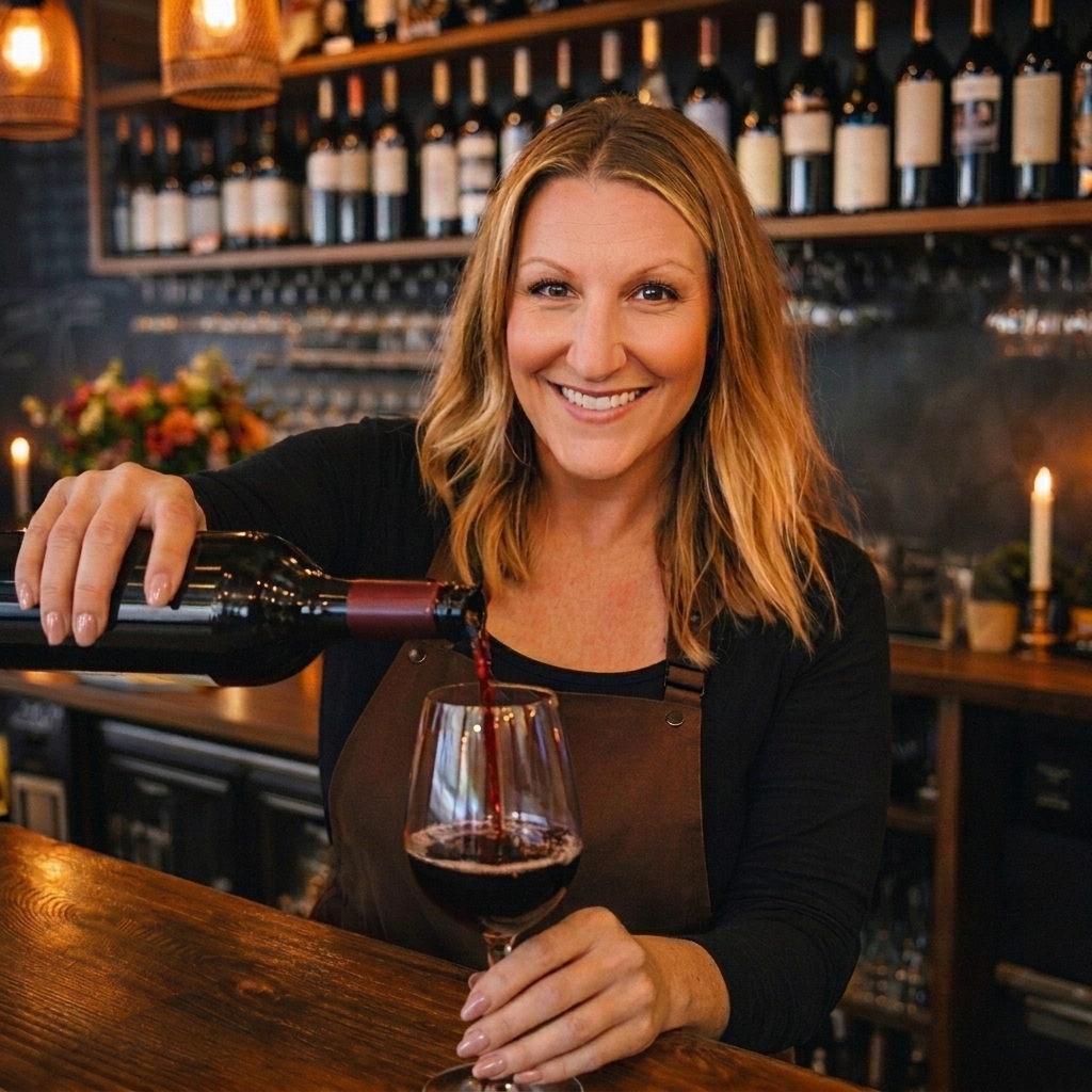 Amy Bates, founder of Eat + Drink Consulting, pouring wine at a restaurant bar — hospitality and food & beverage strategist